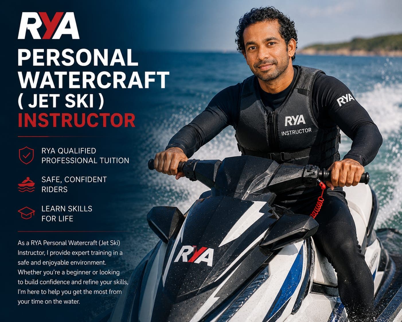 Ramesh in RYA instructor gear on a jet ski